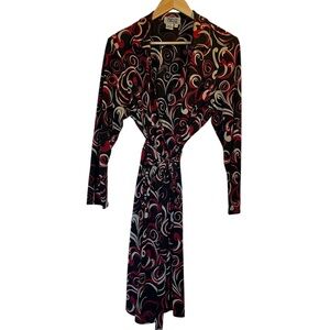 STYLE & CO. Black/Red Print Collared V-Neck 3/4 Sleeve Wrap Dress - Large Petite